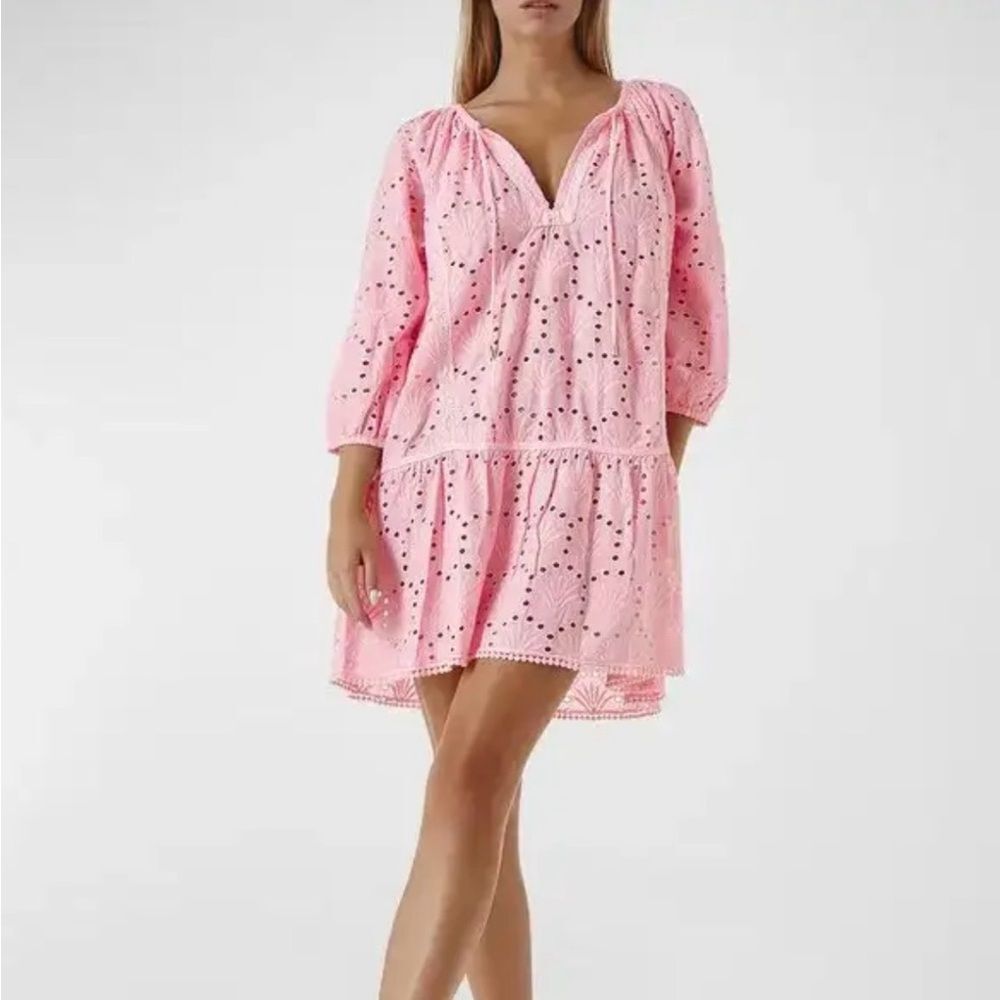 Melissa Odabash Ashley Pink Eyelet Swimsuit Beach Cover-Up Tunic Kaftan Dress